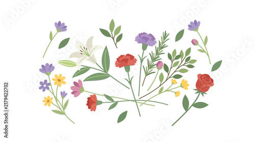Botanical Flower and Leaf Vector Collection with Lily Carnation and Rose for Spring Floral Design