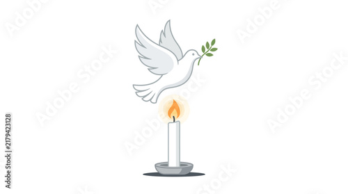 Vector illustration of a white peace dove holding an olive branch flying above a burning candle