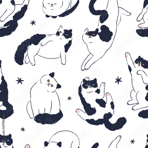 Cute cats, seamless pattern. Cute animals background, seamless print. Cats pa...