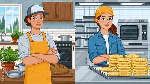 Two chefs comparing their kitchen output, one with bread, the other with cookies