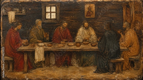 Medieval inspired monastic meal with six monks gathered around a rustic wooden table