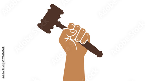 Raised fist holding a judge gavel representing social justice, legal rights, and court system authority illustration
