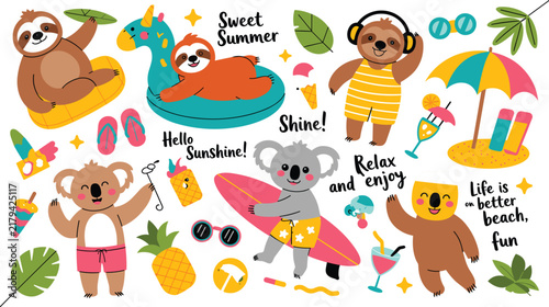 Cute Summer Beach Animal Illustration Set with Sloth, Monkey, Koala, Surfboard, Tropical Fruits, Ice Cream and Vacation Accessories