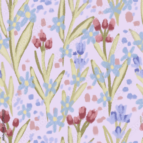 Pastel Wildflower Meadow Seamless Pattern  Artistic hand-drawn pattern featuring textured oil pastel and crayon botanicals.
Gentle color palette of soft blue blossoms