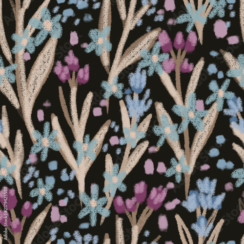 Pastel Wildflower Meadow Seamless Pattern  Artistic hand-drawn pattern featuring textured oil pastel and crayon botanicals.
Gentle color palette of soft blue blossoms