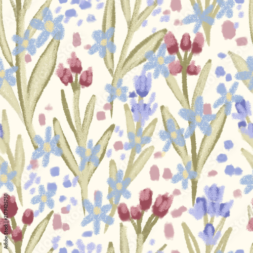 Pastel Wildflower Meadow Seamless Pattern  Artistic hand-drawn pattern featuring textured oil pastel and crayon botanicals.
Gentle color palette of soft blue blossoms