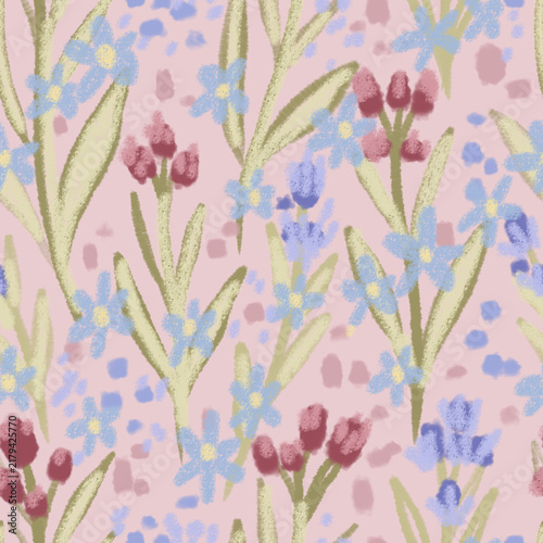 Pastel Wildflower Meadow Seamless Pattern  Artistic hand-drawn pattern featuring textured oil pastel and crayon botanicals.
Gentle color palette of soft blue blossoms