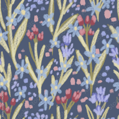 Pastel Wildflower Meadow Seamless Pattern  Artistic hand-drawn pattern featuring textured oil pastel and crayon botanicals.
Gentle color palette of soft blue blossoms