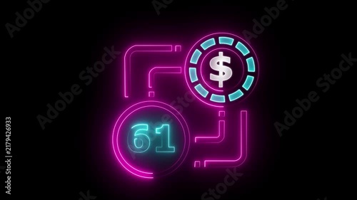 61 dollar sign text vibrant neon green on black background, financial wealth and currency concept. Neon check mark with payment successful. Confirmation, money transaction concept.