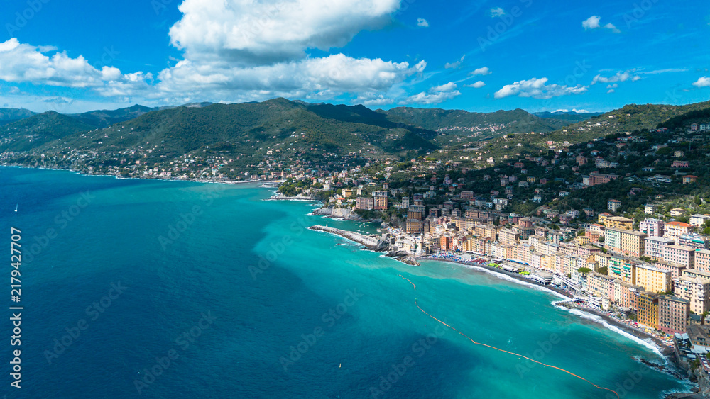 Obraz premium Aerial view of Camogli village and coastline in Liguria, Italy