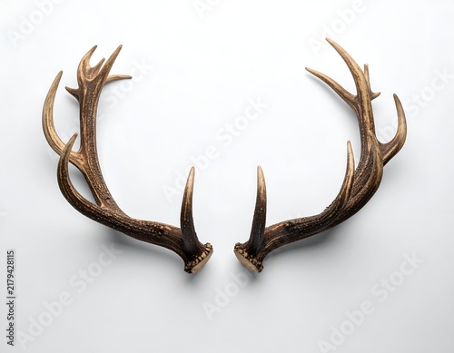 Pair of textured antlers, brown and tan hues, against a clean white background