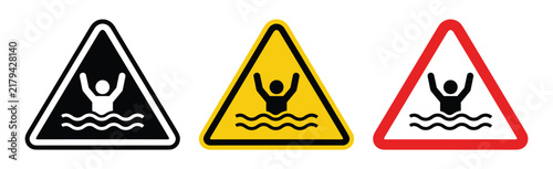 Drowning Danger Warning Signs: A set of three hazard warning signs featuring a silhouette of a person struggling in water, indicating a drowning risk. The signs come in black and white, yellow.