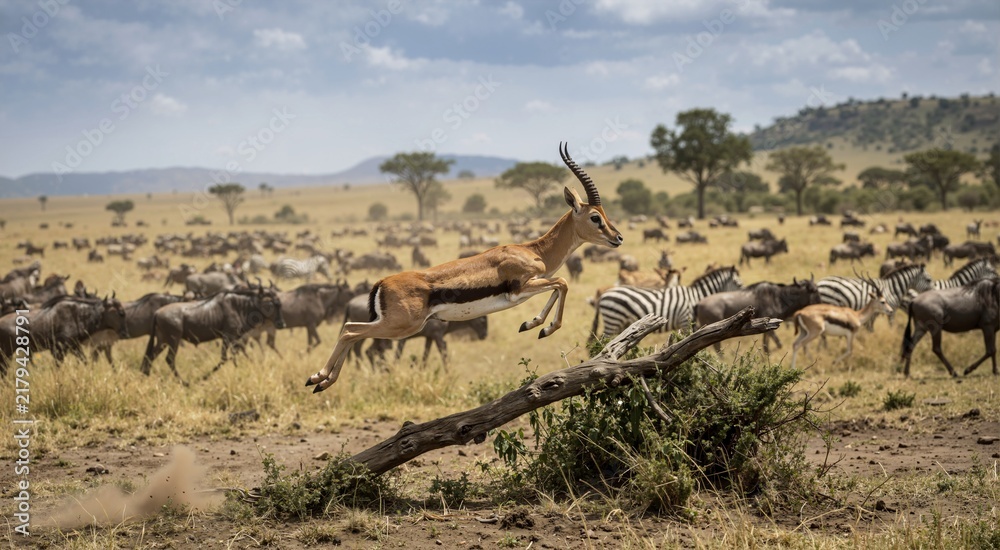 Fototapeta premium Antelope leaping over a fallen log on the African savanna. Great wildlife migration with herds of wildebeests and zebras in the background