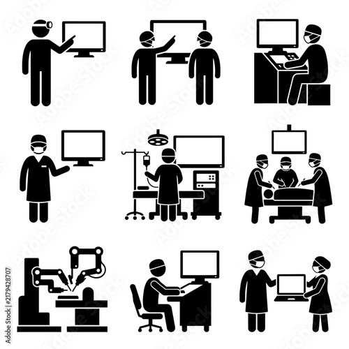 Medical Surgery and Hospital Technology Stick Figure Icon Set