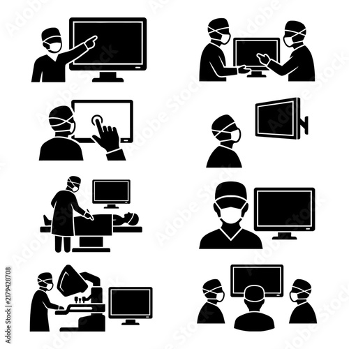 Medical Surgeons Using Monitors and Robotic Equipment Icons