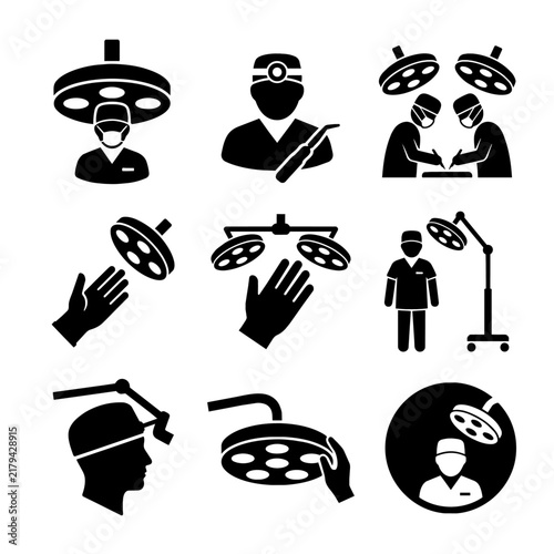 Medical surgical lamps and surgeons icon set