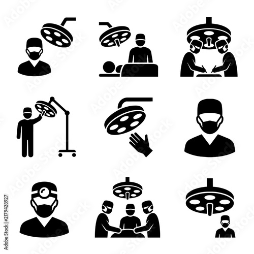 Surgical Team and Operating Room Equipment Icons Set