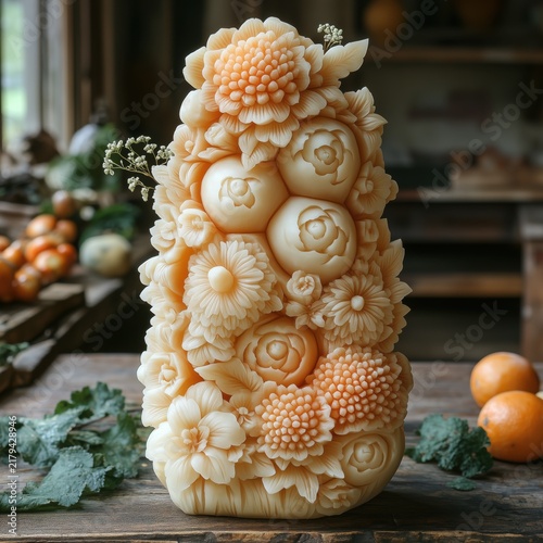 Intricately hand carved cheese sculpture featuring detailed floral patterns of roses and dahlias standing on wooden table