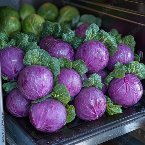 Fresh purple red cabbage heads with green leaves stacked on display at market shelf close up view