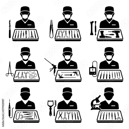Medical Surgeons and Surgical Instrument Sets Icons