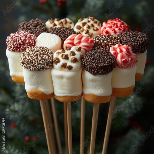 Close up arrangement of festive Christmas marshmallow pops dipped in chocolate with colorful sprinkles on wooden skewers