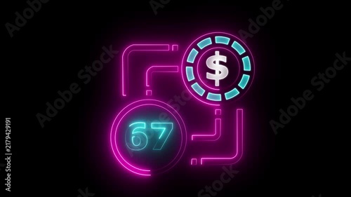 67 dollar sign text vibrant neon green on black background, financial wealth and currency concept. Neon check mark with payment successful. Confirmation, money transaction concept.