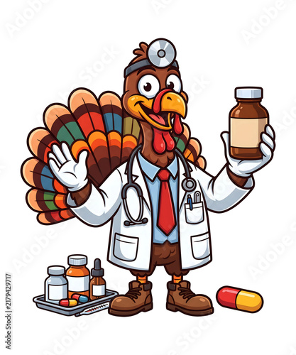 Cartoon turkey doctor character holding medicine bottle isolated on transparent background