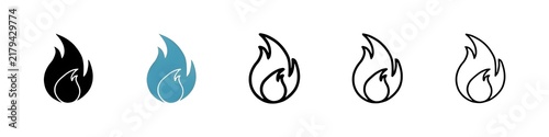 Fire vector icon set in black and blue colors. Thin line customizable illustration. Contour symbol. Vector isolated outline drawing. Editable stroke