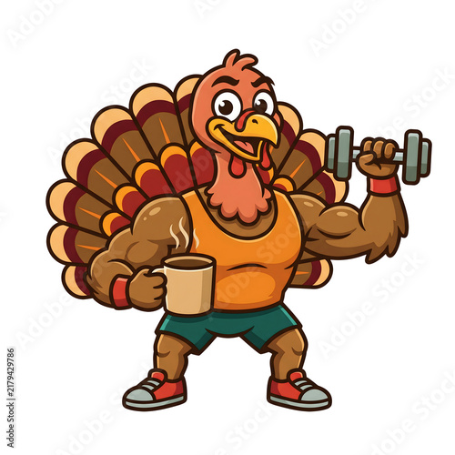 Cartoon muscular turkey character lifting a dumbbell and holding a coffee cup isolated on transparent background