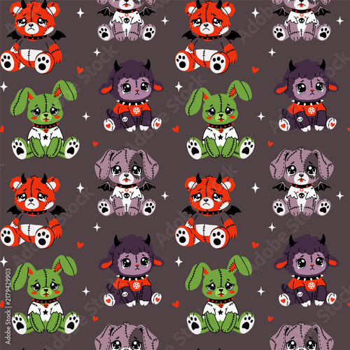 Cute Gothic Plush Monster Halloween Seamless Pattern