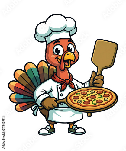Cartoon turkey chef holding a delicious pepperoni pizza isolated on transparent background