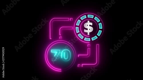 70 dollar sign text vibrant neon green on black background, financial wealth and currency concept. Neon check mark with payment successful. Confirmation, money transaction concept.