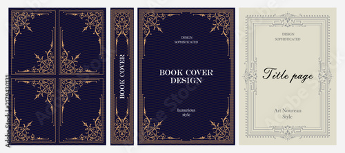 Classic vintage book cover, title page, spine design with Art Deco, Baroque, Art Nouveau and Victorian ornaments. Elegant decorative frame, retro style for publications, posters and artistic layouts.