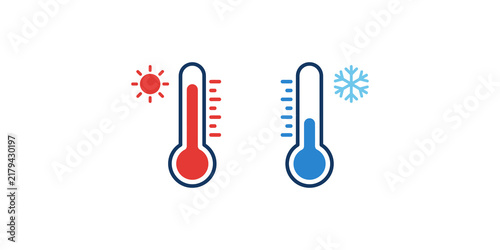 Temperature icons with hot sun and cold snowflake symbols for weather forecasting.