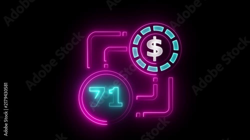 71 dollar sign text vibrant neon green on black background, financial wealth and currency concept. Neon check mark with payment successful. Confirmation, money transaction concept.