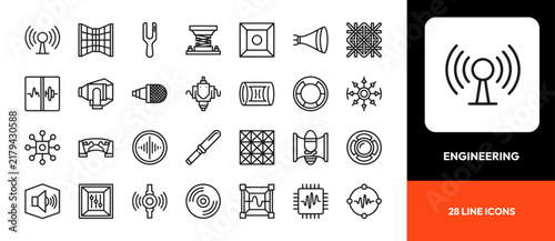 Comprehensive mechanical engineering and physical sciences line icons vector collection