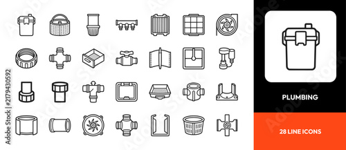 Comprehensive plumbing and water pipe installation line icons collection vector set
