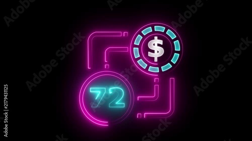 72 dollar sign text vibrant neon green on black background, financial wealth and currency concept. Neon check mark with payment successful. Confirmation, money transaction concept.