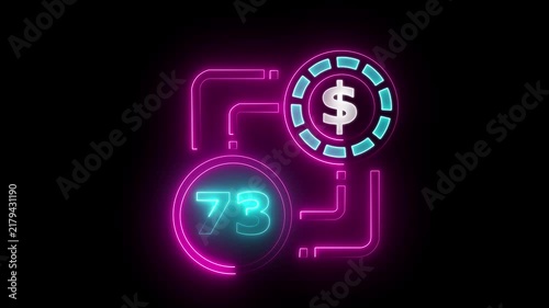 73 dollar sign text vibrant neon green on black background, financial wealth and currency concept. Neon check mark with payment successful. Confirmation, money transaction concept.