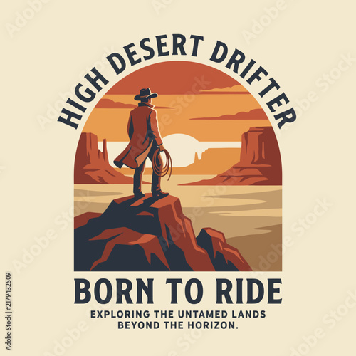 This image depicts a lone cowboy standing confidently on a desert cliff, capturing the essence of freedom and exploration in untamed lands beneath expansive skies.
