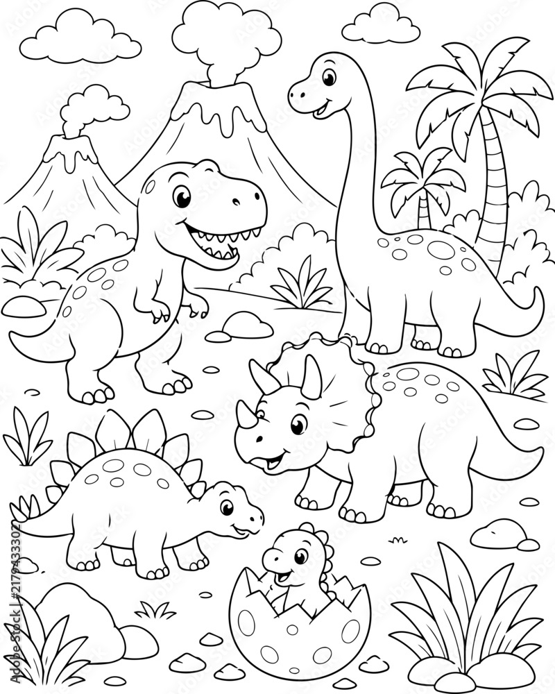 Obraz premium Cute prehistoric dinosaurs coloring page vector illustration with volcano t-rex and triceratops