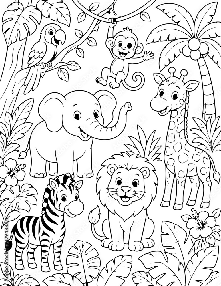 Obraz premium Cute jungle safari animals coloring page vector illustration with elephant lion and giraffe