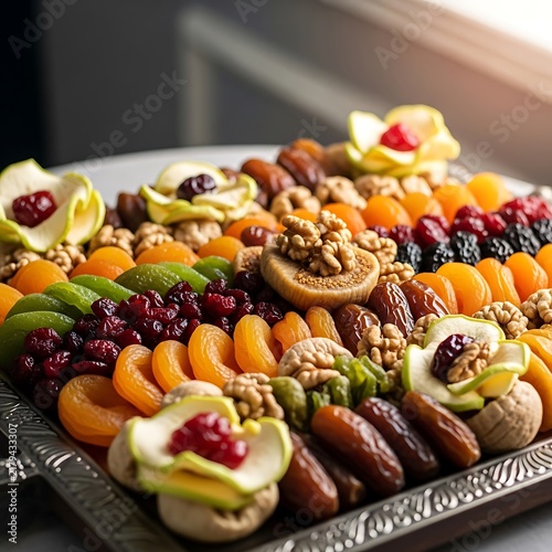 Assorted dried fruits and nuts platter on a decorative tray for healthy snacking
