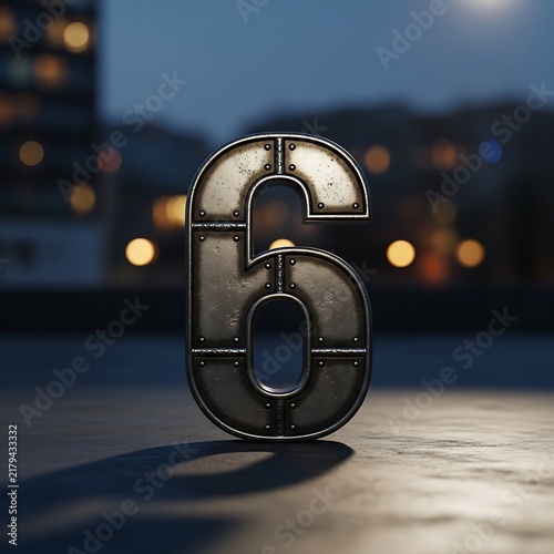 Industrial metal number six sign with rivets on a blurred city street background.