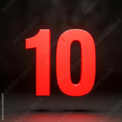 Red number ten 3D render on dark background for countdown or anniversary celebration