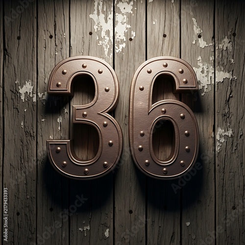 Number 36 made of vintage metal rivets on a rustic dark wooden background