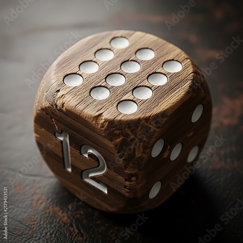 Wooden twelve sided die with white pips on a dark textured background