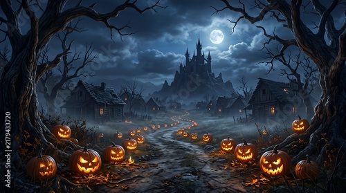 Pumpkins glow along a dirt path leading to a spooky castle under a full moon in a creepy Halloween village setting.