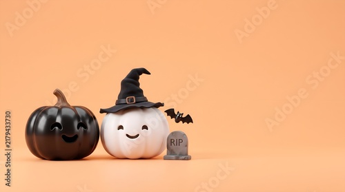 Pumpkins with smiling faces are arranged with a witch hat and a miniature tombstone on an orange background.