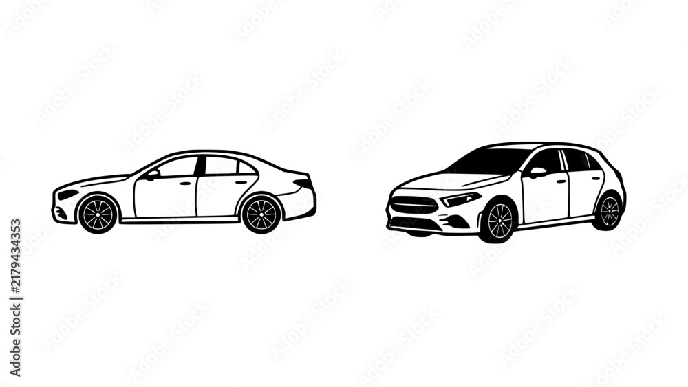 Naklejka premium Car Icon Set, Sedan and Hatchback Vehicle Line Art Vector Illustration Isolated on White Background